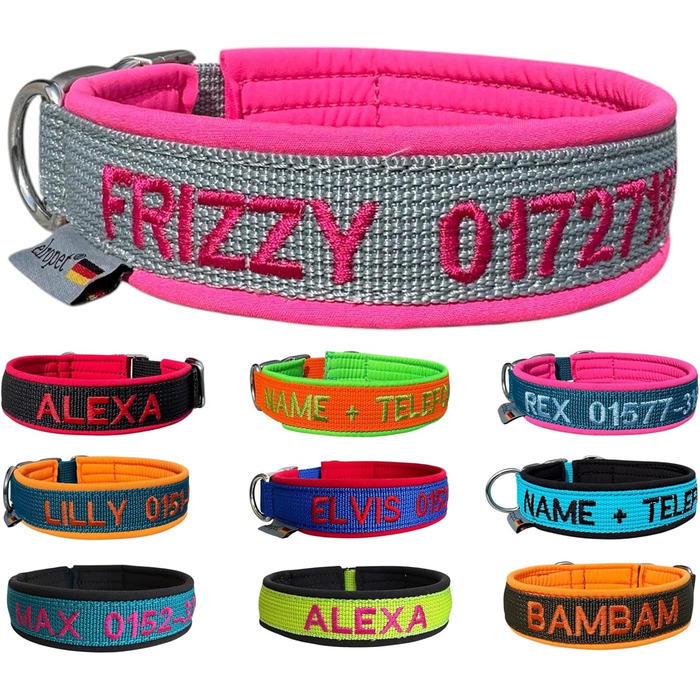 Ошийник для собак з персоналізацією - XS-XXL - індивідуальне замовлення - вишивка імені та номеру телефону - широкий та регульований