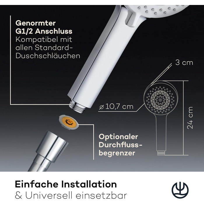 KLUDI-X1 Universal Shower Head with Hose, optional shower spray, water-saving with 3 spray patterns (Body, Hair, Skin), easy-to-clean shower head Ø 10.7 cm, shower hose 1.60 m