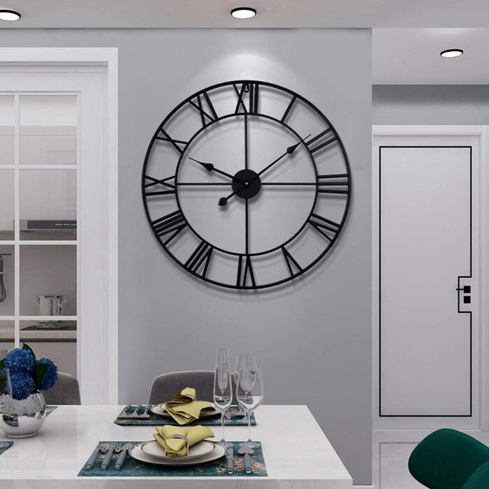 HAITANG Large Vintage Style Wall Clock, Black Round, Metal Silent Non-Ticking, Battery Powered, 40cm, 16 Inch Roman Numerals, Clocks for Living Room, Bedroom, Kitchen Wall Clock Decoration