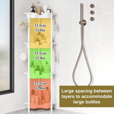 Orimade 4 Piece Shower Shelf Standing Stainless Steel, Shower Storage without Drilling, Corner Shelf with 4 Hooks, Plastic-Metal Construction 25.5 x 25.5 x 103 cm White