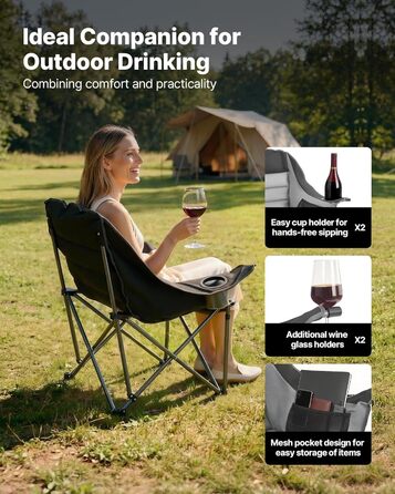 Кемпінговий стілець VEVOR великий, складний - до 204 кг, з підсклянниками, для риболовлі, пікніка, чорно-сірий