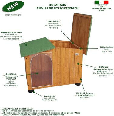 Будка для собак Legno Oasi з термозавісою (119x90x87 см) - для німецької доги, з масивного дерева, Made in Italy