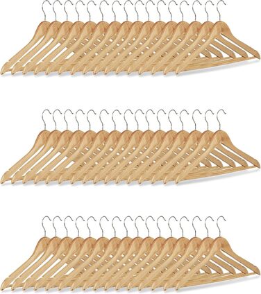 Relaxdays Clothes Hanger Set, 48 Wooden Pant Hangers, Wardrobe Hangers, 360° Swivel Hooks, WxH: 22.5x44.5cm, natural/silver