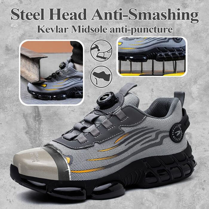 Черевики безпеки для чоловіків та жінок. Легкі, спортивні, дихаючі, з автоматичною фіксацією, швидкозастібаючі. Захист від ударів, сталевий підносок. Розміри 36-46 EU, 45 EU. Сірий колір. Модель 266.