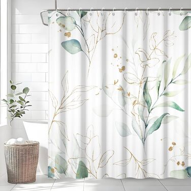 Штора для душу 180x220 см, Евкаліпт, зелені листя, анти-грибок, акварель, рослини, водонепроникна, поліестер, з гачками для ванної кімнати