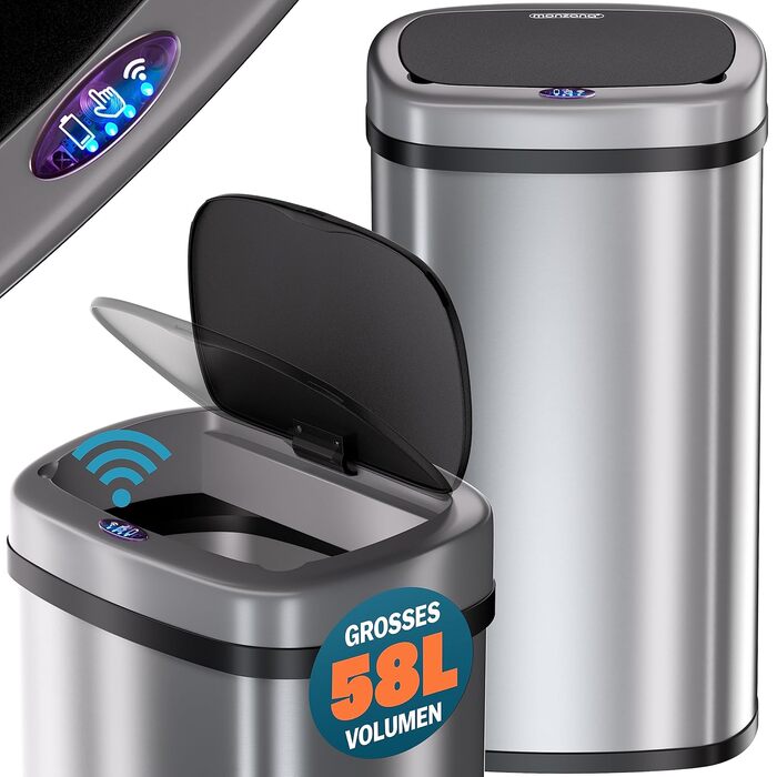 Monzana Sensor Trash Can - 58L Automatic Kitchen Waste Bin with Motion Sensor, Soft-Close Lid, Waterproof, Smart USB Rechargeable - Silver