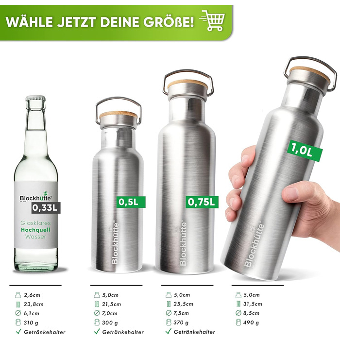 Blockhut Premium Stainless Steel Insulated Water Bottle | 1L | with Natural Bristle Brush | Insulated, Leak-Proof Bottle | Insulated Flask Dishwasher-Safe for University, Office | BPA Free