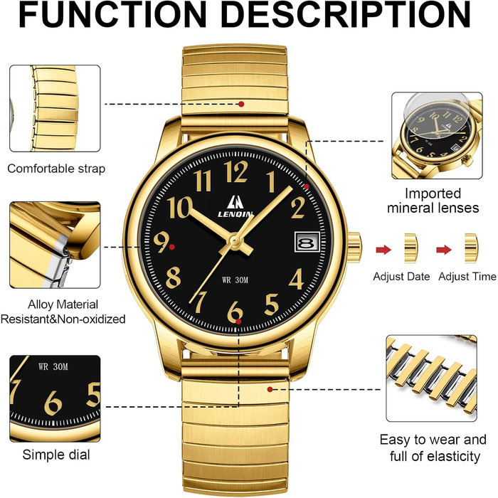 Жіночий годинник LN LENQIN: Водонепроникні годинники для жінок з нержавіючої сталі, кварцовий механізм, регульований ремінець (Золотий/Чорний)