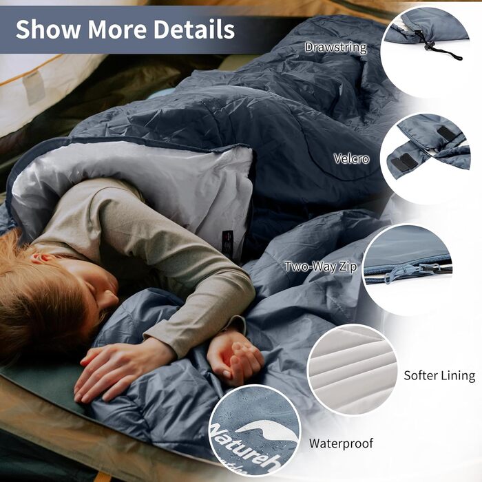 Naturehike Sleeping Bag with Hood - Camping Blanket Sleeping Bag, Lightweight & Comfortable for Outdoor Adventures & Travel - Navy Blue (7~11°C)