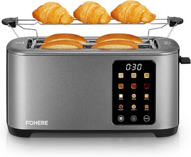 Тостер на 4 підсмажувальні слоти, 1400W, нержавіюча сталь, довгі слоти, 9 режимів підсмажування, 3 види хліба, функція відключення, розморожування та підігріву, сенсорне керування, з насадкою для бутербродів (сірий)