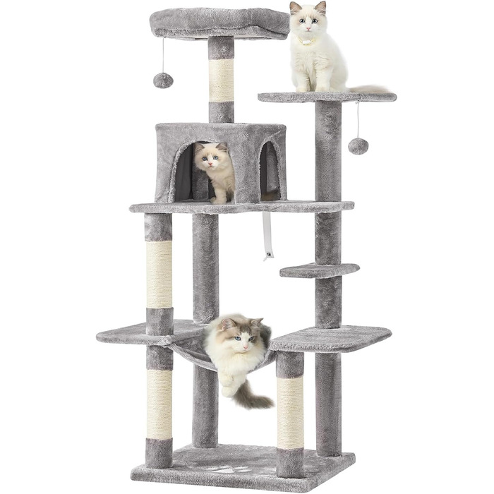 Кігтеточка для котів MSmask велика, багатоповерхова з платформами, гамаком та сизалевими стовпами (світло-сіра)