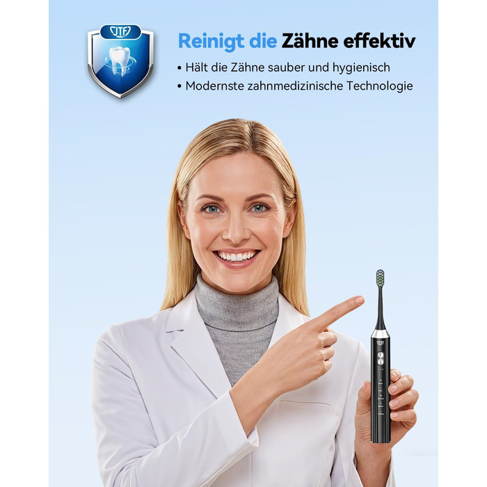 Електрична звукова зубна щітка JTF з УФ-дезінфекцією та сушінням, бездротова зарядка, 5 режимів чищення, 6 насадок, стаканчик для полоскання, акумуляторна для дому та подорожей (Чорна)