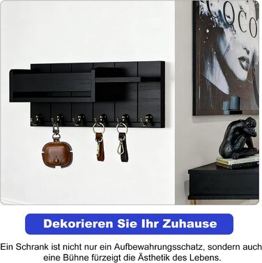 Дерев'яне ключниця з полицею, органайзер для ключів на 6 гачків, декоративна полиця для ключів з 4 шурупами для прихожої, входу, спальні