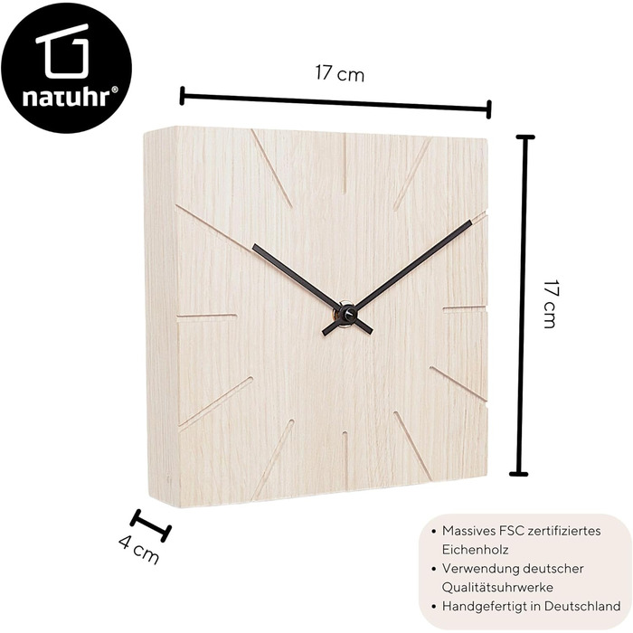 Natuhr Funk Wall Clock Table Clock Oak Wood - Beam - Solid Wood Design 17 x 17 cm (Smoked Oak Black Hands, ) (Oak Calcined / Black Hands, Quartz Movement)