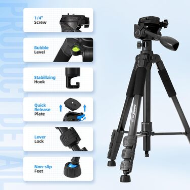 Штатив AMBITFUL 157.5 см, чорний, професійний, алюмінієвий, знімний, для фото- та відеозйомки (камера, DSLR, смартфон, екшн-камера, телескоп)