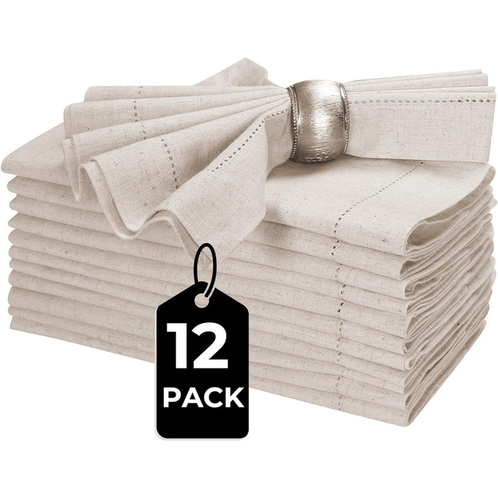 Linen-cotton-flax fabric napkin with hem, 50x50 cm, natural, wedding napkins, cocktail napkins, cloth napkins, cotton napkins, machine-washable napkins, 12 pieces