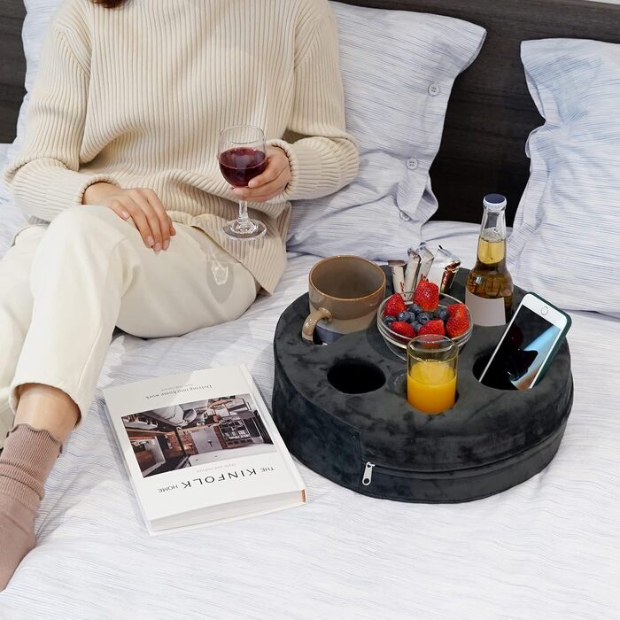 Couch Drink Holder, Sofa Drink Holder, Removable and Washable Velvet Cup Cozy Pillow Cushion Lap Tray with Coffee Cup Holder for Home, Car, Bathroom, Park, Travel, Indoor, Outdoor – Grey
