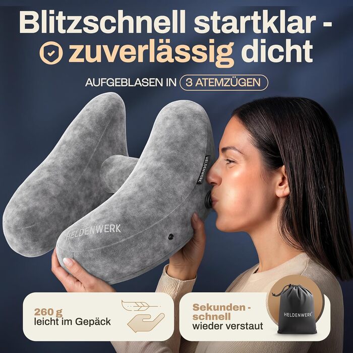 Подушка для шиї HELDENWERK® Air: 5 положень, регульований тиск, знімний капюшон | Подушка для подорожей на літаку/автомобілі, м'яка, сірого кольору, велика