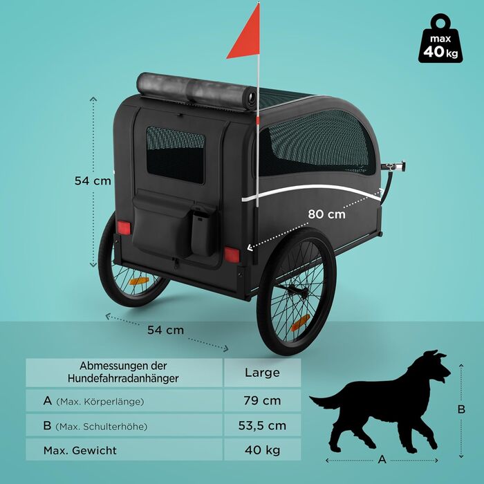 Фартоваж для собак на велосипед – складаний, до 40 кг, з відбивачами, водовідштовхувальний, сумісний з електровелосипедами, чорний