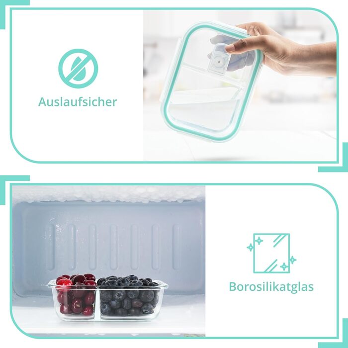 Контейнери для харчування Winter Shore скляні з 2 відділеннями (5 шт) - BPA-free, герметичні, для мікрохвильовки, морозилки та посудомийки (бірюзові)