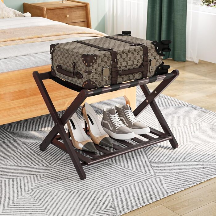 Fully assembled white luggage rack, upgraded bamboo, foldable suitcase stand with 5 nylon straps, luggage holder with shelf for guest rooms, hotel (white luggage rack, 1 piece) (Brown, 1 piece)