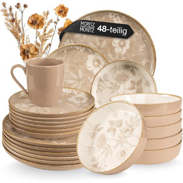 Набір посуду Moritz & Moritz MARIELLA Steingut 12 осіб, 48 предметів - Сучасний сервіз у бежевому кольорі з ігровим дизайном, легкий у догляді, з тарілками, чашками та салатниками - Комбінований сервіз