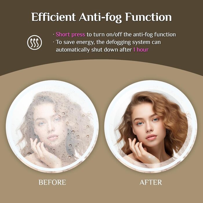 Круглий дзеркало для ванної кімнати Clevich з підсвічуванням, 80 см, сенсорне управління, протитуманне покриття, 3 кольори світла, регулювання яскравості