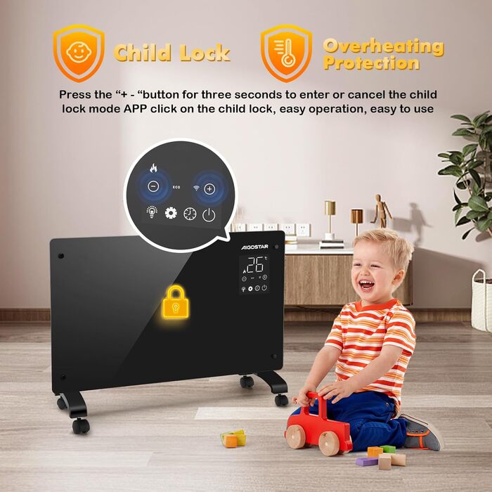 Електричний конвектор Aigostar з термостатом та Wi-Fi, 2000W, для приміщень до 30 м², чорний