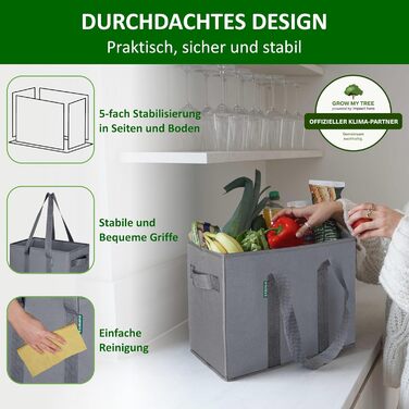 Large Folding Shopping Bags 3-Pack & Fruit Net - Sturdy Large Folding Shopping Basket with Reinforced Bottom - Ideal Shopping Bag for Shopping Carts & Trunk - 80 L (Gray)