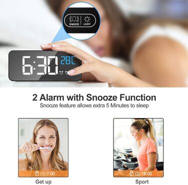 Цифровий годинник MOSUO з LED-дисплеєм, USB-зарядка, показник температури, голосове керування, 2 будильники, відкладений сигнал, регулювання яскравості та гучності (Чорний)