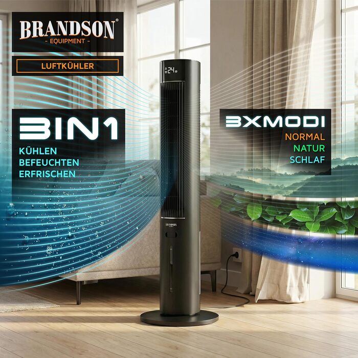 Вентилятор вежа Brandson з функцією охолодження водою ECO Design, тихий, DC мотор, з пультом, чорний матовий