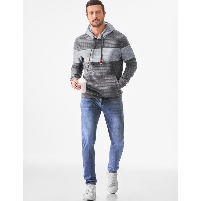 Худі чоловіче з довгим рукавом, теплий світшот з капюшоном, кольоровий блок, модель A (темно-сірий, L)