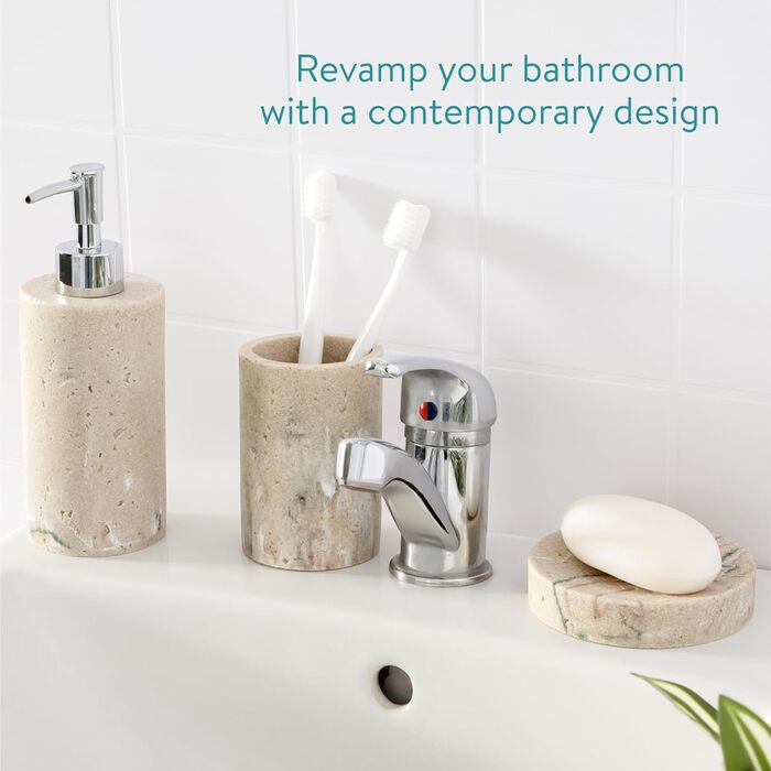 Набір для ванної кімнати Navaris: дозатор для мила, стакан для зубної пасти, 3 шт. - аксесуари для ванної кімнати, набір, штучний камінь, мармур, бежевий
