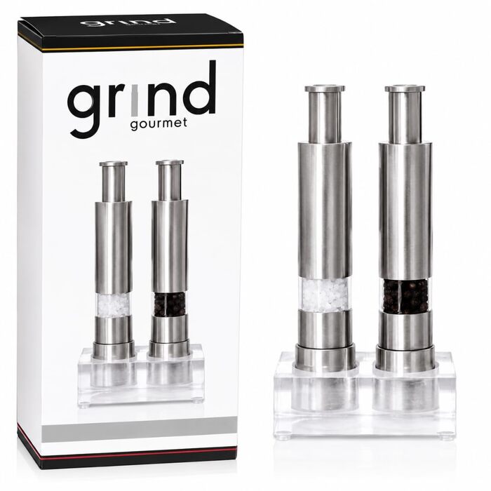 Набір млинів для солі та перцю Grind Gourmet 2 шт., нержавіюча сталь, срібний, з підставкою, для чорного перцю, морської та гімалайської солі