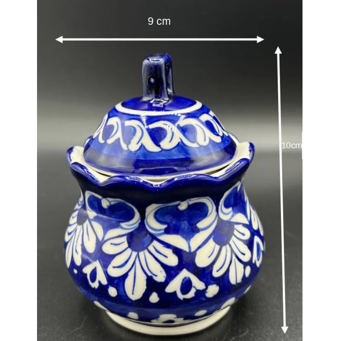 Blue Pottery Sugar Bowl – Hand-formed and painted, ceramic, handcrafted, floral pattern, 6 cm