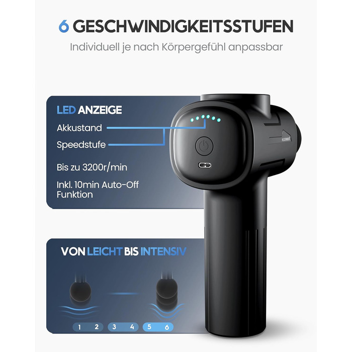 Heldenwerk Massage Gun - Muscle Massager with 6 Attachments & 3200 RPM - USB-C Rechargeable - Black