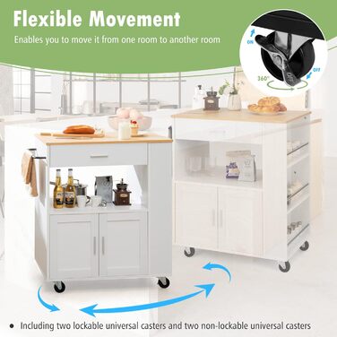 Giantex Rolling Kitchen Cart with Drop Leaf Top, Kitchen Island with Storage, Mobile Kitchen Island Wood, Kitchen Storage Cabinet Serving Cart with Drawer & 3 Shelves (White)