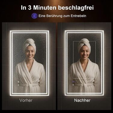 Дзеркало для ванної кімнати зі підсвічуванням 70x50 см, сенсорне керування, протизапітніння, 3 кольори світла, регулювання яскравості