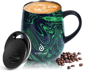 Кружка для кави та чаю Ideus 470 мл з подвійними стінками, нержавіюча сталь, з неслизьким ручним тримачем та кришкою-відкидником, великий об'єм (Трав'яний зелений)