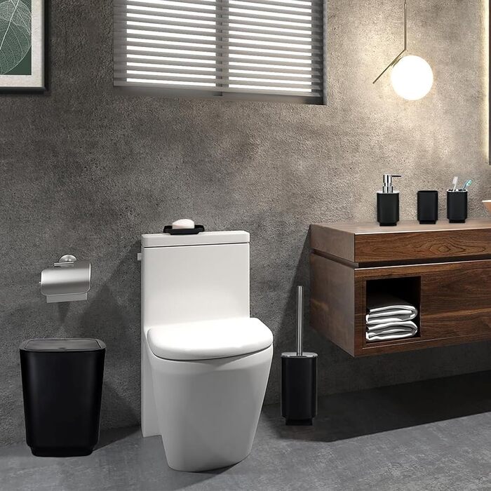 Сучасний набір для ванної кімнати на 6 предметів (білий) з дозатором мила, тримачем для зубних щіток, мильницею, WC-щіткою, відром та стаканом (чорний метал)