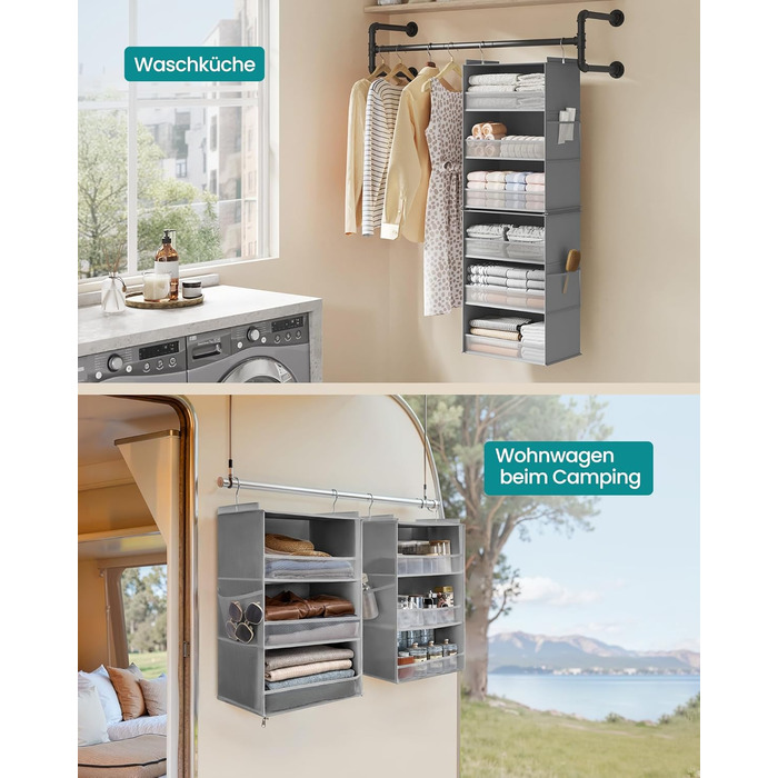 Органайзер для шафи SONGMICS: роздільник, полиця-вішалка, розкладний, економія місця, металеві гачки, бамбукові вставки, білий, сірий