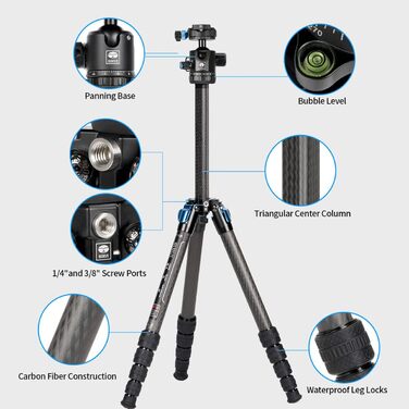 Штатив SIRUI ST-125+ST-10X з відеоголовою для панорамної зйомки, карбонове, для DSLR, 4 секції, 166см, 3кг