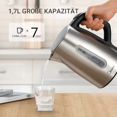 Midea 1.7L Electric Kettle - Stainless Steel, Fast Boil, LED Display, 360° Base, Boil Dry Protection