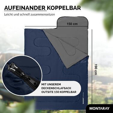 Montaray® Hooded Sleeping Bag -3°C - Outdoor Winter & Summer Sleeping Bag for Hiking, Camping & Hut Use - Warm Sleeping Bag for Men & Women (Blue, 280GSM, 75 x 220cm)