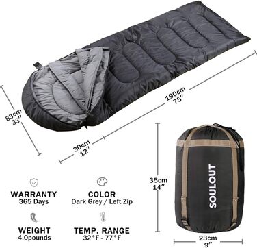 SOULOUT 3-4 Season Sleeping Bag - Waterproof Lightweight Sleeping Bag for Camping, Travel & Outdoor Activities - Ideal for Adults & Kids - 220 x 83 cm Dark Grey / Left Zip