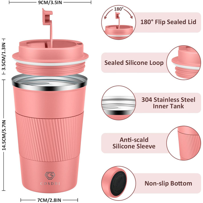 Термокружка CS COSDDI з нержавіючої сталі, 380мл, з кришкою, для кави, води та чаю, подвійні стінки, витривала, 1 шт.