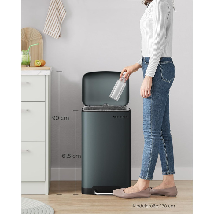 Відро для сміття SONGMICS кухонне 30 л сталеве з педаллю, кришкою та внутрішнім відром, антрацит (LTB001A01)