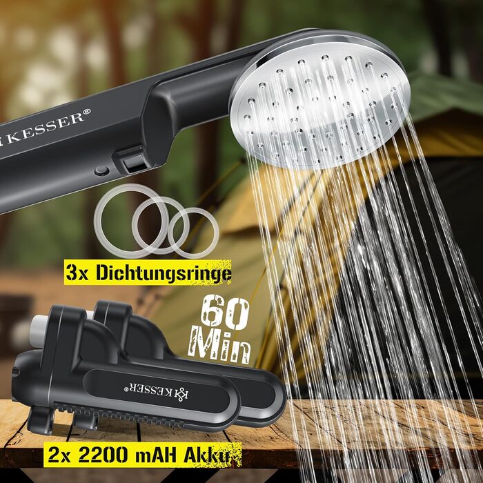 KESSER® Camping Shower with Battery-Powered Submersible Pump, Hand Shower, 2 x 2200mAh Lithium Battery, USB Charging Cable, for Camping, Garden, Car, Outdoor Use, Dog Shower, Car Cleaning, Includes Carry Bag, 12V Pump