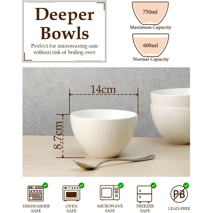 Набір мисок NUTRIUPS 4 шт. для мюслі, супу, салату, десерту, 750 мл, кераміка, підходить для мікрохвильової печі та духовки