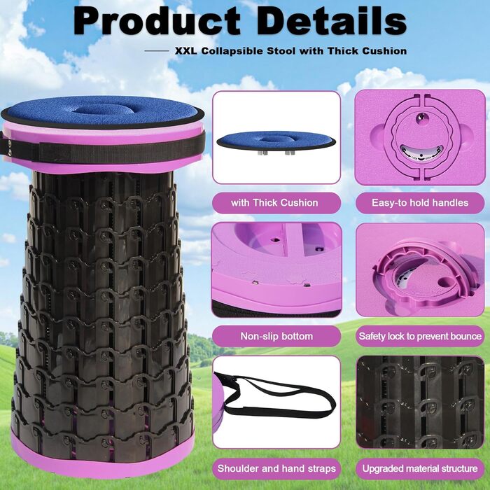 Складаний стілець Alevmoom з подушкою, телескопічний, 50см, 450кг, для кемпінгу та риболовлі (Новий фіолетовий)